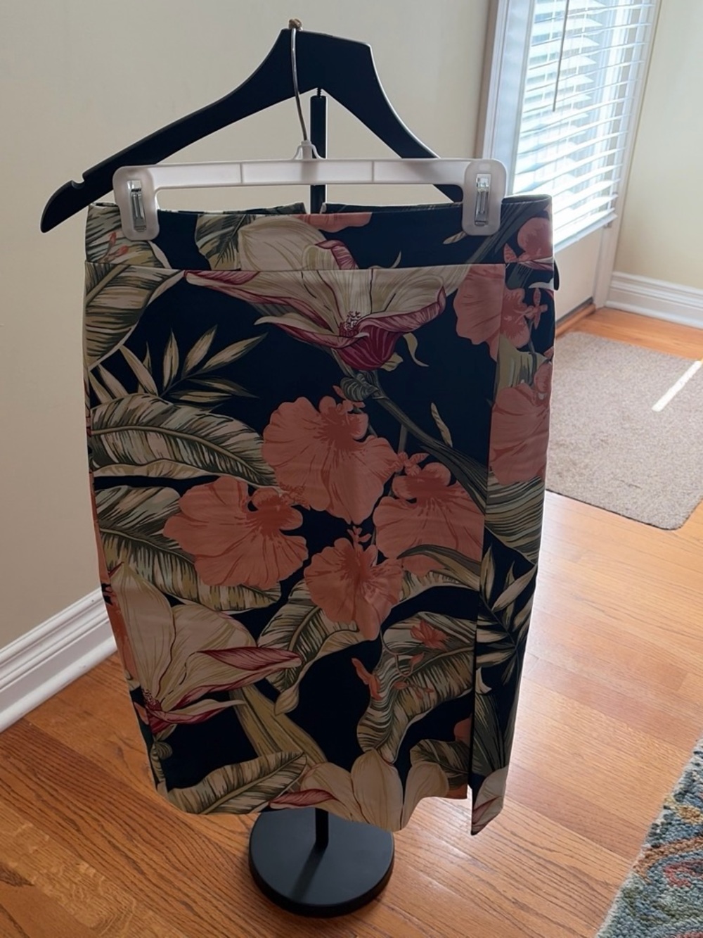 Ann Taylor Black Pencil Skirt with Pink Floral & Green Leaf Print